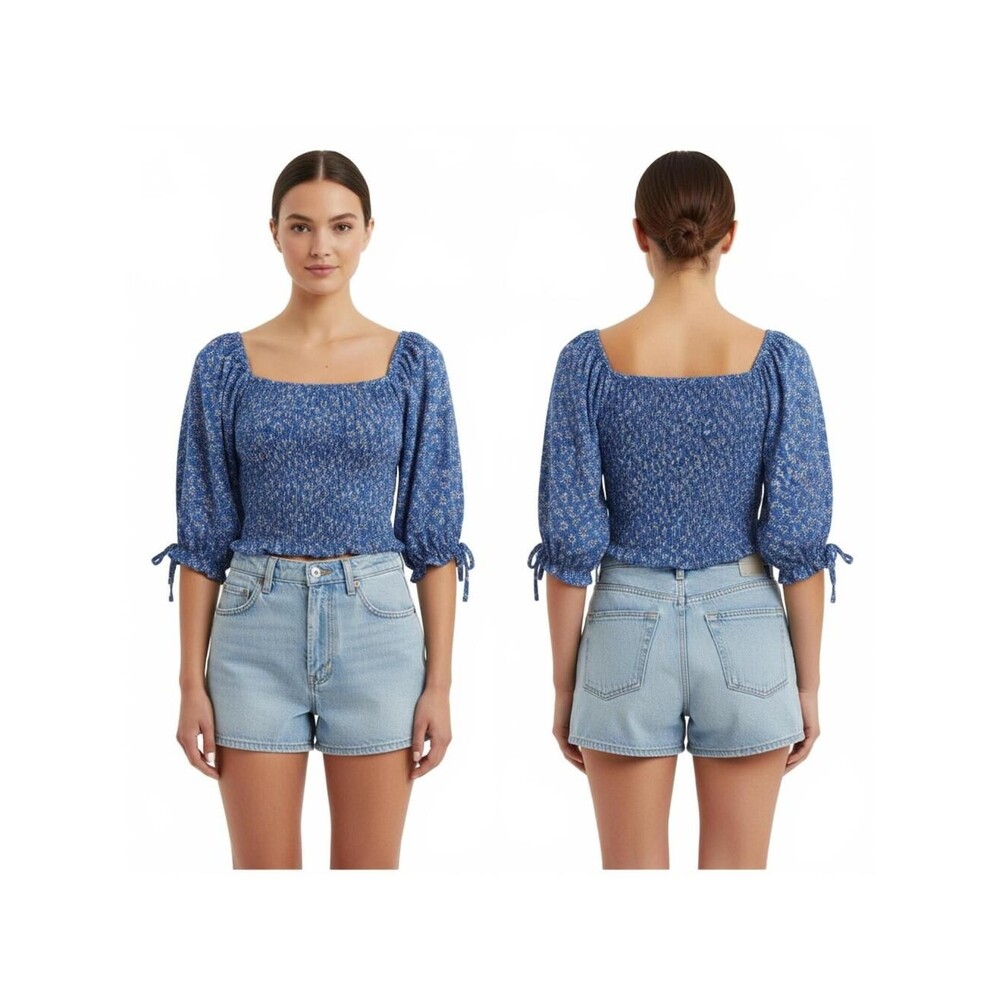 Blue Smocked Puff Sleeve Blouse